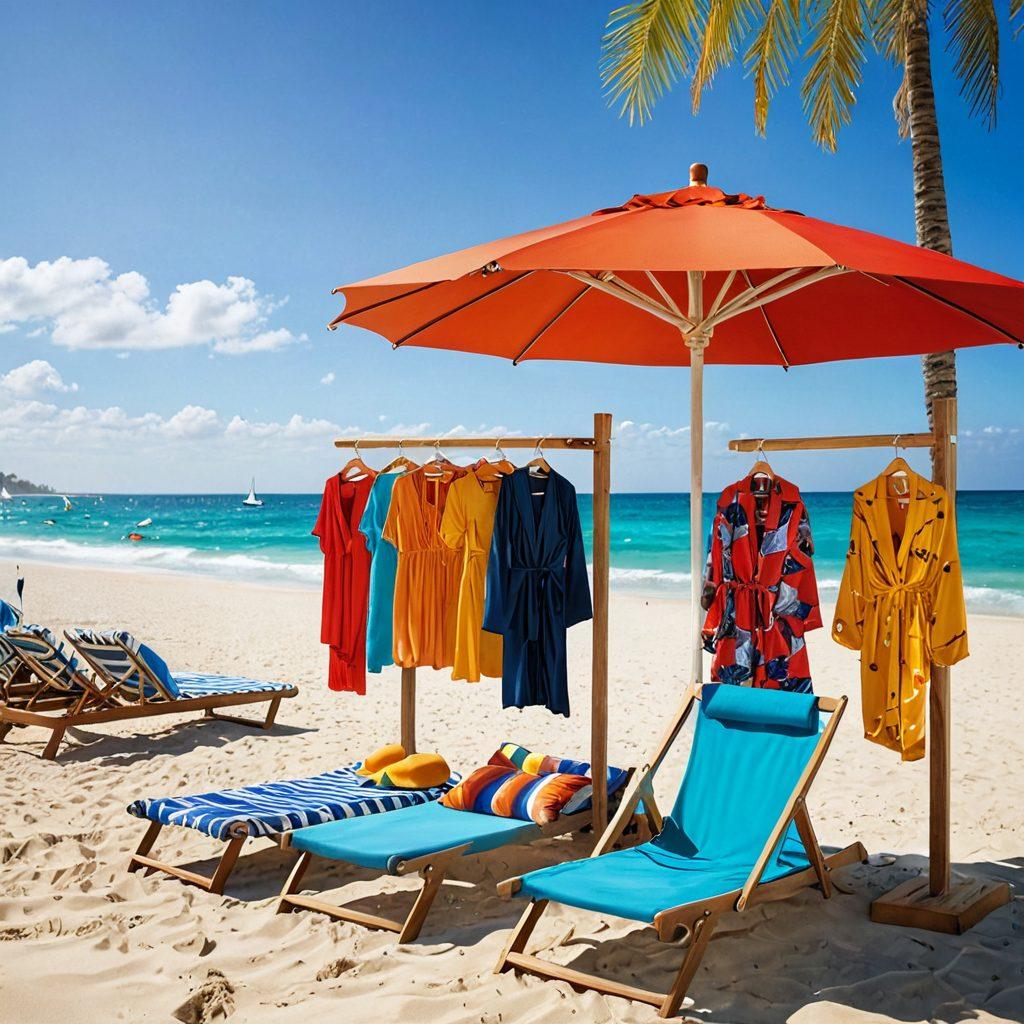 A vibrant, sun-soaked beach scene showcasing a diverse collection of stylish swimwear and trendy accessories like sunglasses, beach hats, and colorful cover-ups hanging on a wooden rack. Beach umbrellas and sun loungers are set in the background, with people enjoying the sun and sea. Emphasize bright colors and summer vibes for a joyful atmosphere. super-realistic. vibrant colors. sandy beach background.
